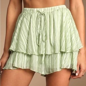 NWT Lulus Let's Text Light Green Striped Ruffled Mini Skort